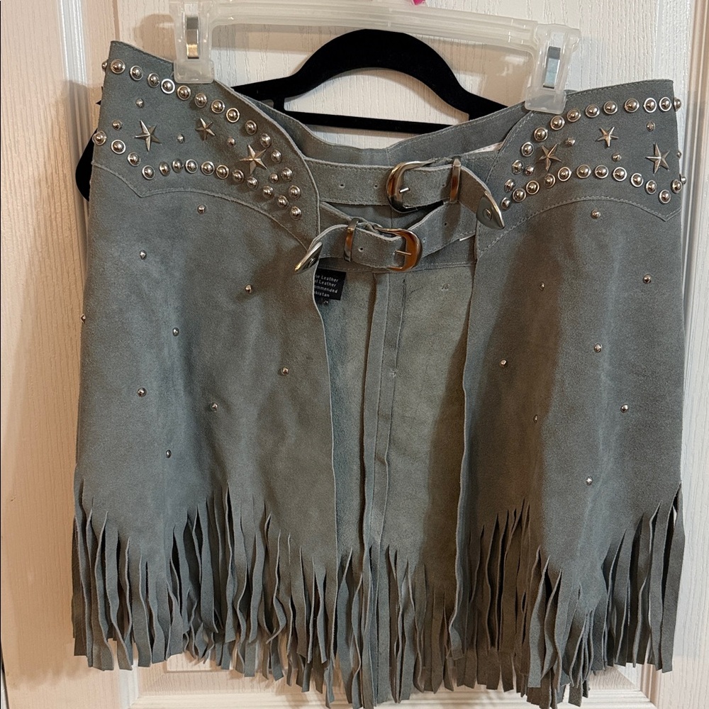 Studded Fringe Mini Skirt in Gray